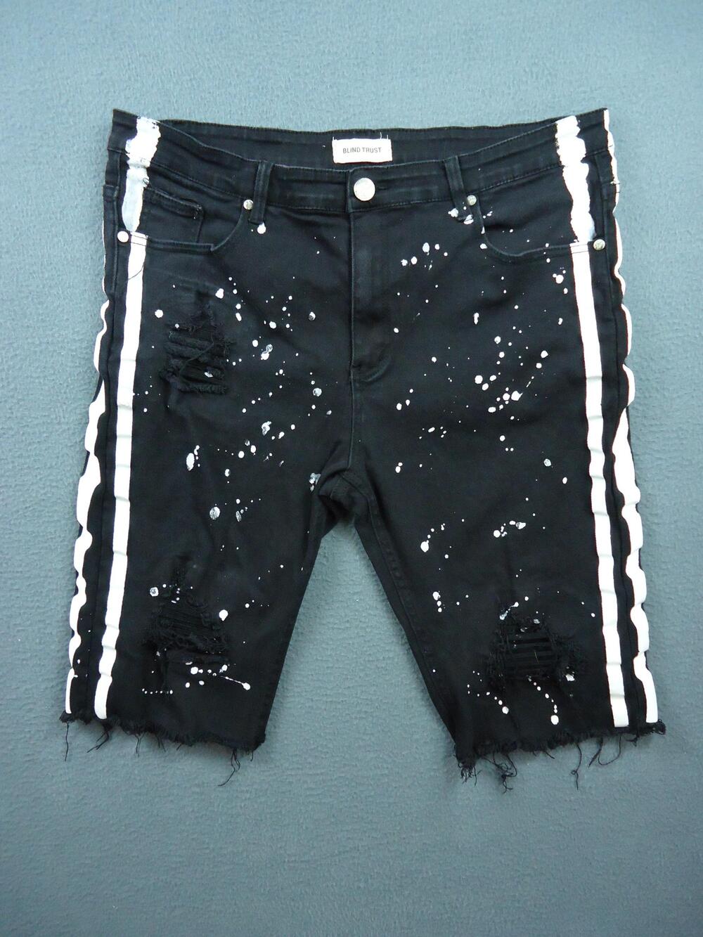Blind Trust Shorts Mens W38 Black Distressed White Paint Splatter Stripe Stretch